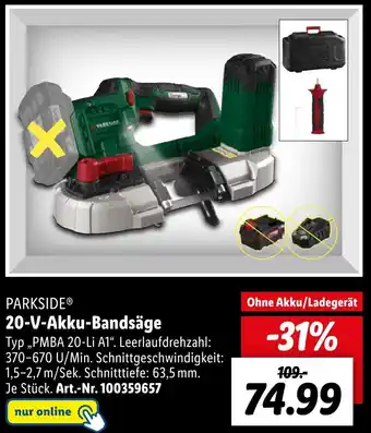 Lidl PARKSIDE 20-V-Akku-Bandsäge ,,PMBA 20-Li A1" Angebot
