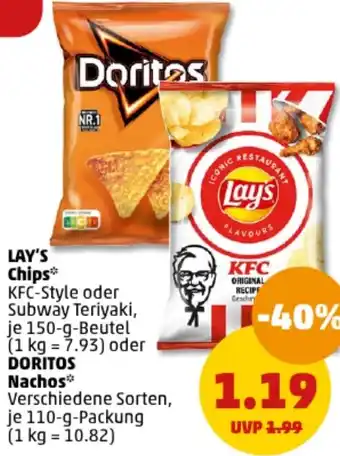 PENNY LAY'S Chips 150 g Beutel oder Doritos Nachos 110 g Packung Angebot