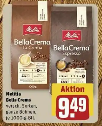 REWE Melitta Bella Crema versch. Sorten, ganze Bohnen, je 1000-g-Btl. Angebot