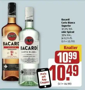 REWE Bacardi Carta Blanca Superior 37,5% Vol. oder Spiced 35% Vol., je 0,7-1-FL. Angebot