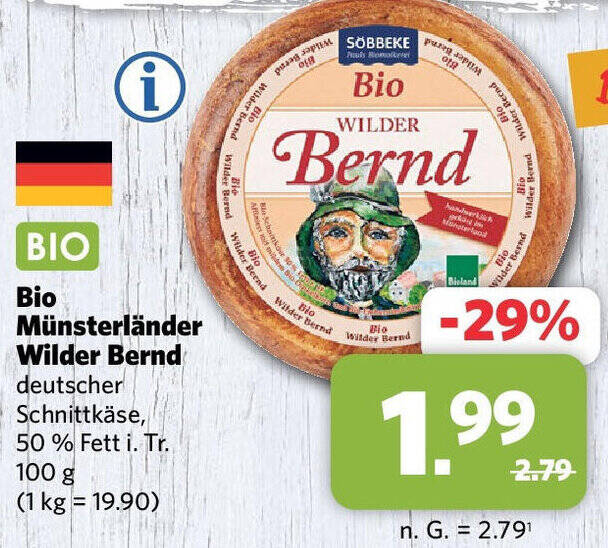Combi Bio Münsterländer Wilder Bernd deutscher Schnittkäse, 50 % Fett i. Tr. 100 g Angebot