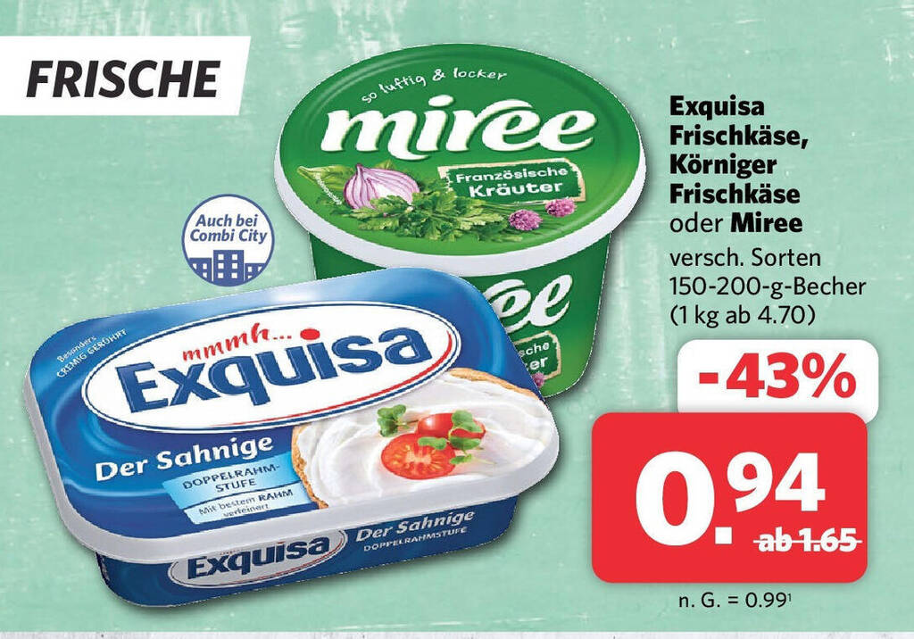 Combi Exquisa Frischkäse, Körniger Frischkäse oder Miree versch. Sorten 150-200-g-Becher Angebot
