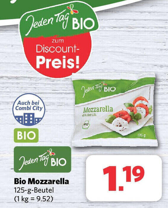 Combi Jeden Tag Bio Mozzarella 125-g-Beutel Angebot