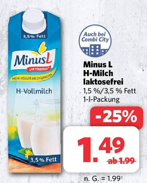 Combi Minusl H-Milch laktosefrei 1-1-Packung Angebot