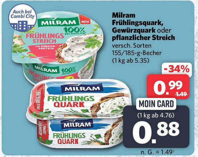 Combi Milram Frühlingsquark, Gewürzquark oder pflanzlicher Streich versch. Sorten 155/185-g-Becher Angebot