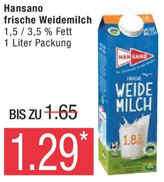 Marktkauf Hansano frische Weidemilch 1 Liter Packung Angebot