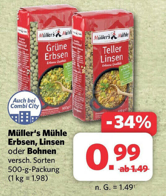 Combi Müller's Mühle Erbsen, Linsen oder Bohnen versch. Sorten 500-g-Packung Angebot