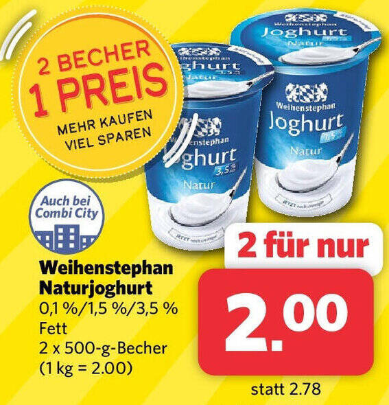 Combi Weihenstephan Naturjoghurt 2 x 500-g-Becher Angebot