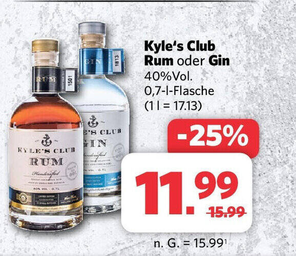 Kyle's Club Rum oder Gin 40 Vol. 0,71Flasche Angebot bei Combi