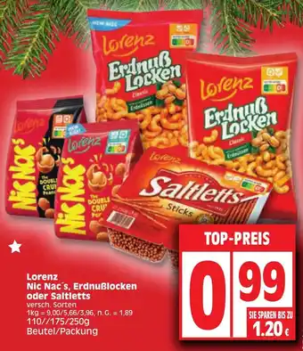 Edeka Lorenz Nic Nac's, Erdnußlocken oder Saltletts 110/175/250 g Beutel/Packung Angebot