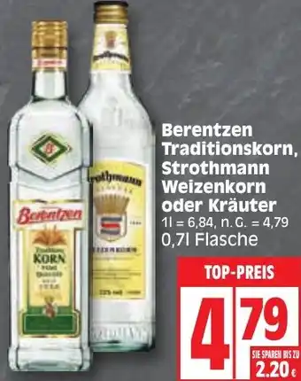 Edeka Berentzen Traditionskorn, Strothmann Weizenkorn oder Kräuter 0,7 L Flasche Angebot