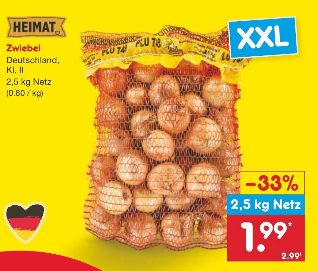 HEIMAT Zwiebel Deutschland, KI. II 2,5 kg Netz Angebot bei Netto Marken