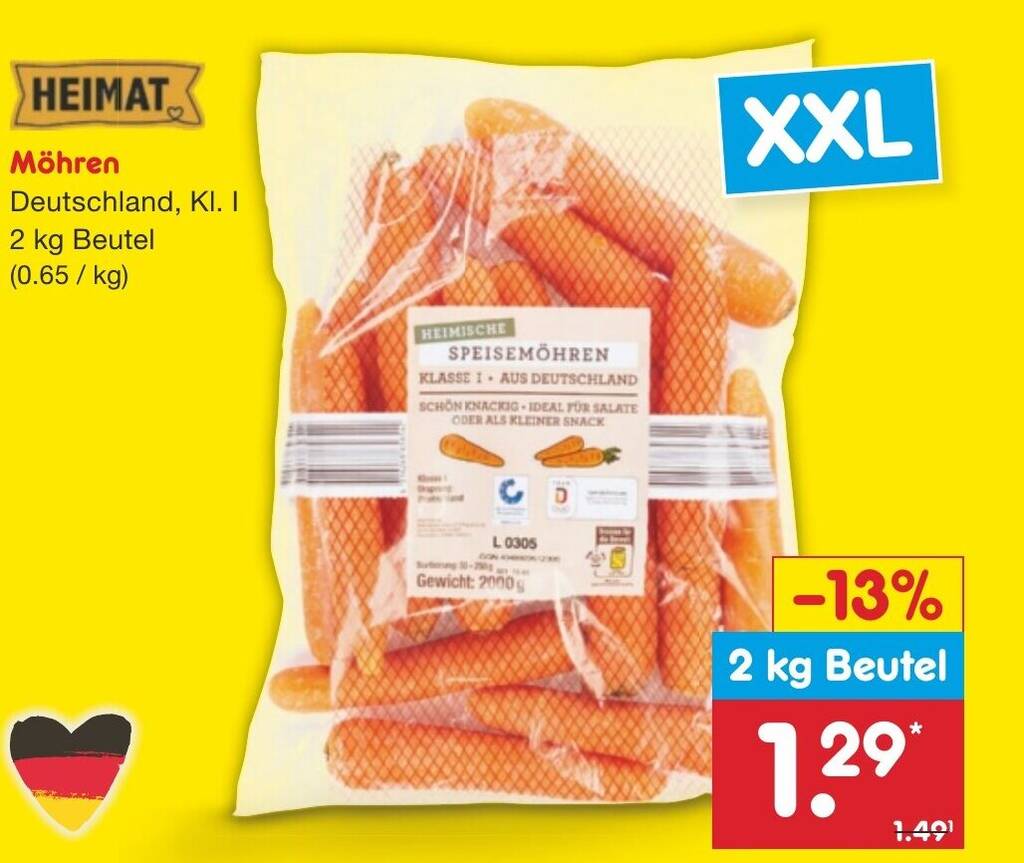 HEIMAT Möhren Deutschland, KI. I 2 kg Beutel Angebot bei Netto Marken