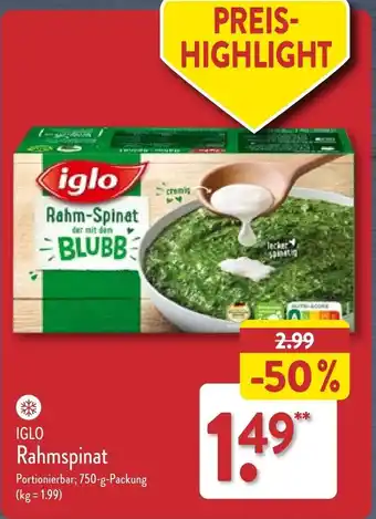 Aldi Nord IGLO Rahmspinat 750 g Packung Angebot