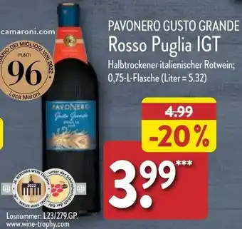 Aldi Nord PAVONERO GUSTO GRANDE Rosso Puglia IGT 0,75 L Flasche Angebot