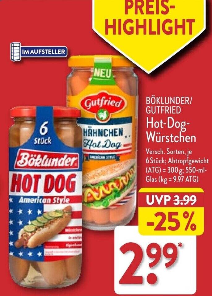 BÖKLUNDER/ GUTFRIED HotDog Würstchen 550 ml Glas Angebot bei Aldi Nord
