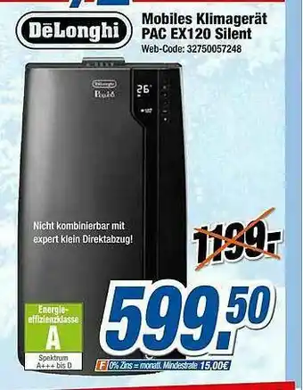 Expert Klein Delonghi Mobiles Klimagerät Pac Ex120 Silent Angebot