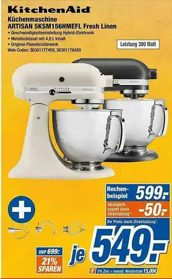 Expert Klein Kitchenaid Küchenmaschine Artisan 5ksm156hmefl Fresh Linen Angebot