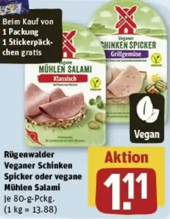 REWE Rügenwalder Veganer Schinken Spicker oder vegane Mühlen Salami 80 g Pckg. Angebot