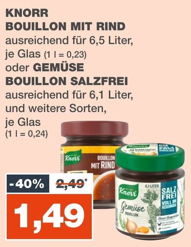 KNORR BOUILLON MIT RIND ausreichend für 6,5 Liter oder GEMÜSE BOUILLON