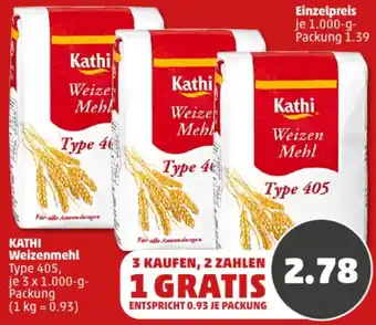 PENNY KATHI Weizenmehl Type 405, 3 x 1.000 g Packung Angebot