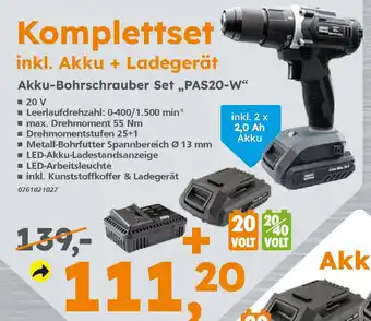 Globus Baumarkt Primaster Komplettset inkl. Akku + Ladegerät Akku-Bohrschrauber Set ,,PAS20-W" Angebot