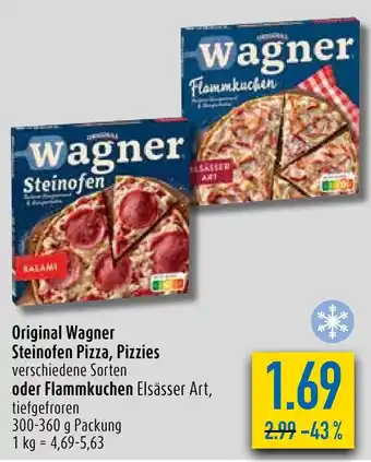 diska Original Wagner Steinofen Pizza, Pizzies verschiedene Sorten oder Flammkuchen Elsässer Art, 300-360g Angebot