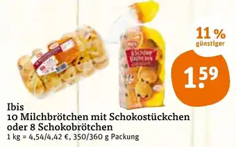 tegut Ibis 10 Milchbrötchen mit Schokostückchen oder 8 Schokobrötchen 350/360g Angebot