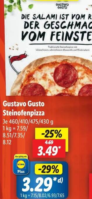 Lidl Gustavo Gusto Steinofenpizza 460/410/475/430 g Angebot