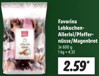 Lidl Favorina Lebkuchen-Allerlei/Pfeffernüsse/Magenbrot 600 g Angebot