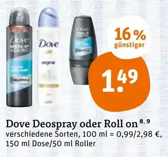 tegut Dove Deospray oder Roll on 150/50ml Angebot