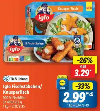 Lidl Iglo Fischstäbchen/ Knusperfisch 450/352 g Angebot