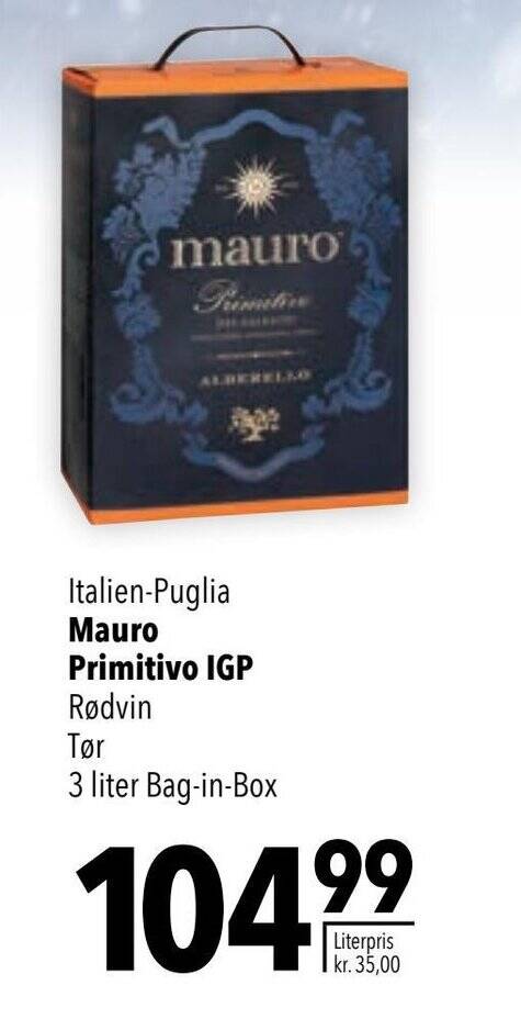 Italien-Puglia Mauro Primitivo IGP Rødvin Tør 3 liter Bag-in-Box ...