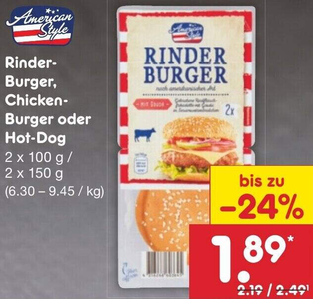 American Style RinderBurger, Chicken Burger oder Hot Dog 2x100 g/2x150