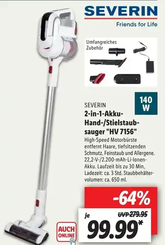 Lidl Severin 2in1 Akku Hand/Stielsaubsauger "HV7156" Angebot