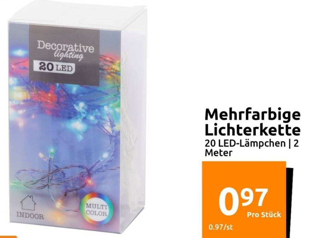 Mehrfarbige Lichterkette 20 LED-Lämpchen | 2 Meter Angebot bei Action