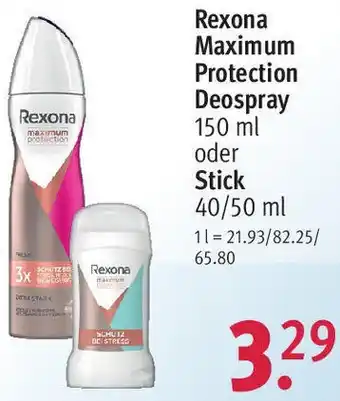 Rossmann Rexona Maximum Protection Deospray 150 ml oder Stick 40/50 ml Angebot