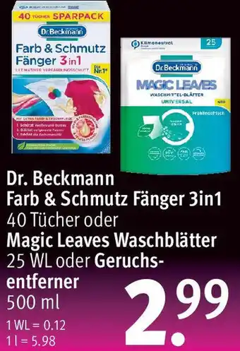 Rossmann Dr. Beckmann Farb & Schmutz Fänger 3in1 40 Tücher oder Magic Leaves Waschblätter 25 WL oder Geruchsentferner 500 ml Angebot