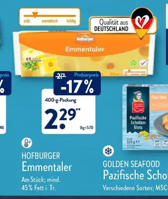 Aldi Nord Hofburger Emmentaler 400g Packung Angebot