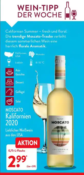 Aldi Nord Moscato Kalifornien 2020 0,75L Flasche Angebot