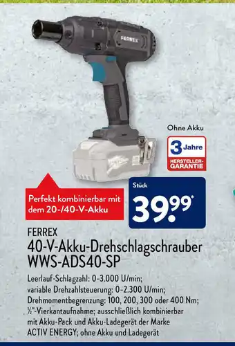 Aldi Nord Ferrex 40-V-Akku-Drehschlagschrauber WWS-ADS40-SP per stuck Angebot