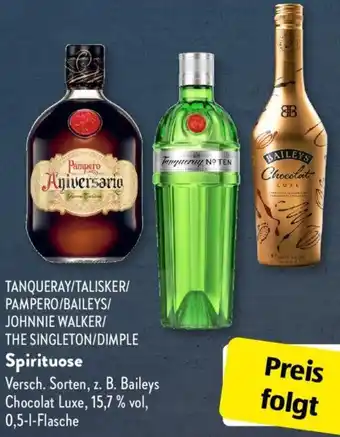 Aldi Süd TANQUERAY/TALISKER/ PAMPERO/BAILEYS/ JOHNNIE WALKER/ THE SINGLETON/DIMPLE Spirituose 0,5 L Flasche Angebot