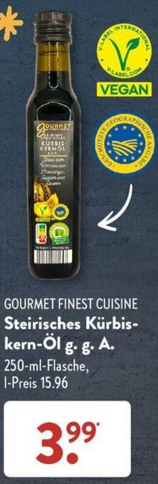 Aldi Süd GOURMET FINEST CUISINE Steirisches Kürbiskern-Öl g. g. A. 250 ml Flasche Angebot