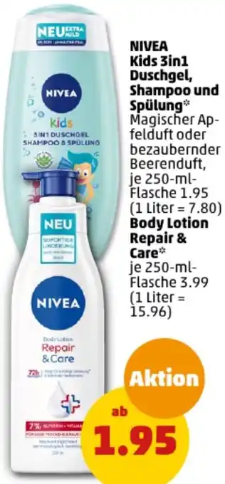 PENNY NIVEA Kids 3in1 Duschgel, Shampoo und Spülung 250 ml oder Body Lotion Repair & Care 250 ml Flasche Angebot