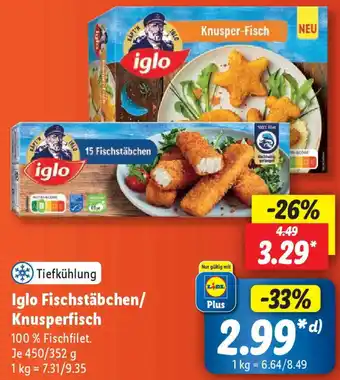 Lidl Iglo Fischstäbchen/ Knusperfisch 450/352 g Angebot