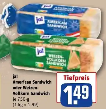 REWE ja! American Sandwich oder Weizen-Vollkorn Sandwich 750 g Angebot