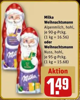 REWE Milka Weihnachtsmann Alpenmilch 90 g oder Weihnachtsmann Nuss, hohl 95 g Pckg. Angebot