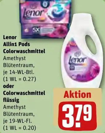 REWE Lenor Allin1 Pods Colorwaschmittel 14 WL Btl. oder Colorwaschmittel flüssig 19-WL-FL. Angebot