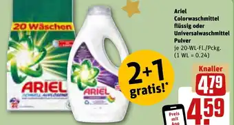 REWE Ariel Colorwaschmittel flüssig oder Universalwaschmittel Pulver 20-WL-FL./Pckg. Angebot