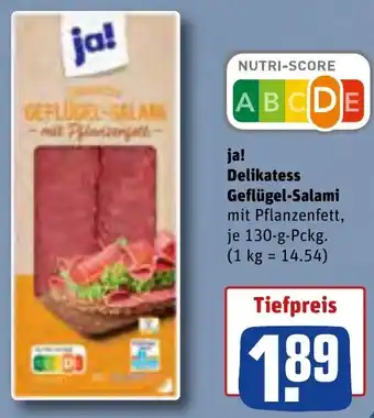 REWE ja! Delikatess Geflügel-Salami 130 g Pckg. Angebot